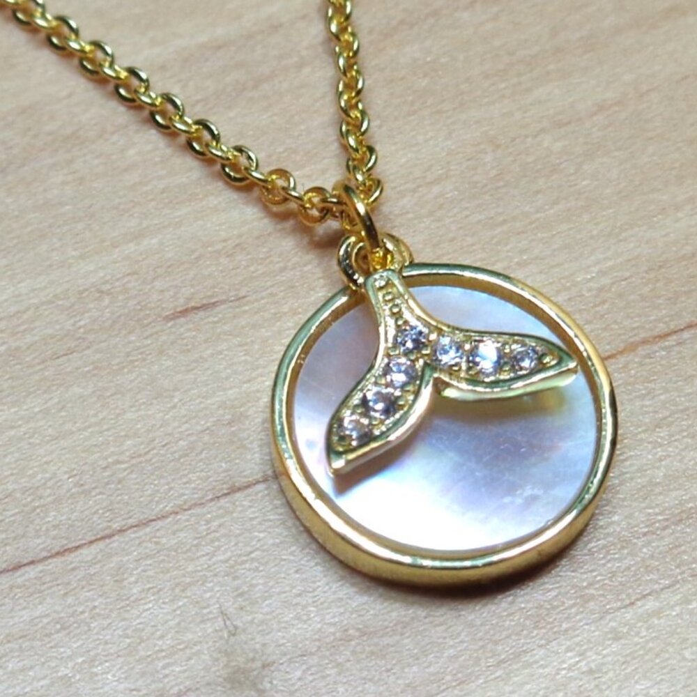 SILVER RHODIUM & 14K DIPPED GOLD WHALE TAIL WHITE CZ STONES MOP PENDANT NECKLACE